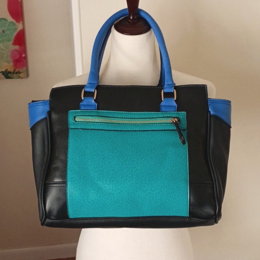 Faux leather tote bag colorblocked zipper close teal black blue floral